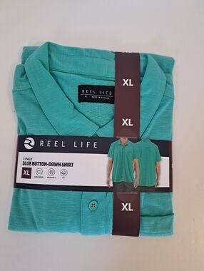 Reel Life Slub Woven Button Short Sleeve Shirt Green Men XL Breathable New